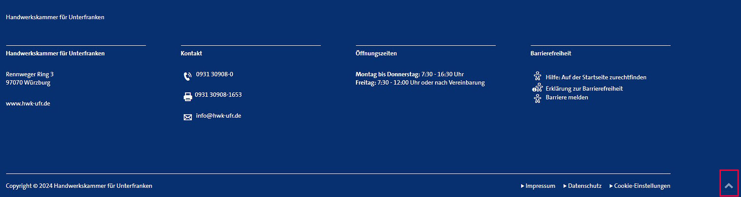 Screenshot des Footerbereichs mit Markierung des Pfeils auf www.hwk-ufr.de