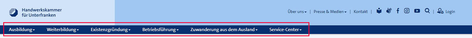 Screenshot der Hauptnavigation auf www.hwk-ufr.de