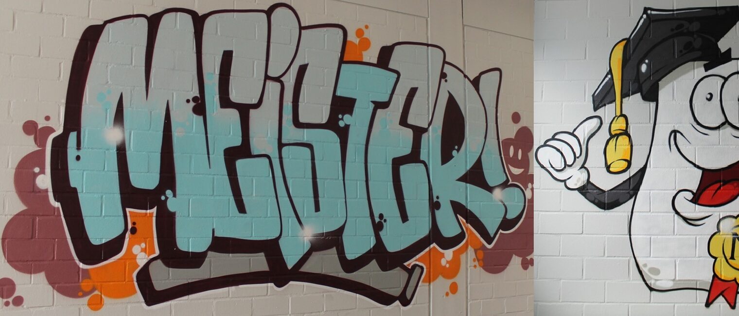 Graffiti mit Schriftzug "Meister" – Informationsabend zur Meisterschule Feinwerkmechaniker/in im Bildungszentrum